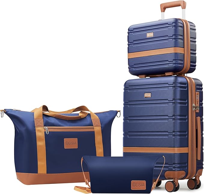 Luggage Sets with spinner wheels, PC+ABS Hard Shell Travel Luggage,Lightweight Carry-on suitcases with TSA Lock,YKK Zippers (Navy, 4 Piece Sets(14/20/DB/TB))
