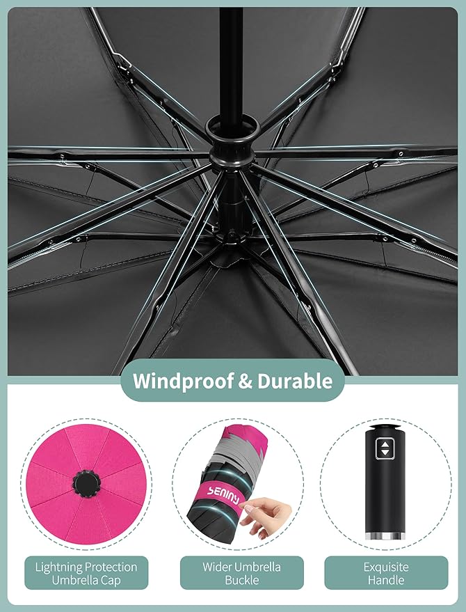 Seniny Inverted Travel Umbrella Compact - Windproof Umbrellas for Rain with Reflective Strip, Large UV Umbrella for Sun Protection, Automatic Portable Umbrellas Fold in Reverse for Car, Backpack