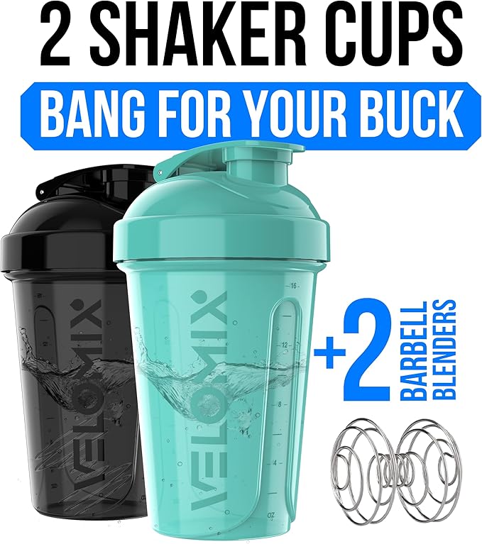 VELOMIX -2 Pack- 20 oz Protein Shaker Bottles for Protein Mixes - 2x Wire Whisk | Leak Proof Shaker Cups for Protein Shakes and Pre Workout | Protein Shaker Bottle Pack (Black/Torquoise)
