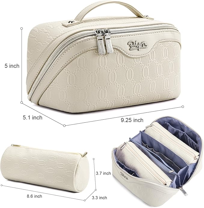 BOYATU Travel Makeup Bag for Women: Cosmetic Organizer Bag with Compartments - Leather Make up Bags Set of 3 (G-2-White)