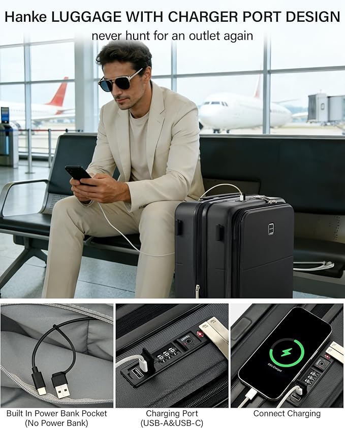 Hanke 20 Inch Expandable Carry On Luggage with Cup Holder 22x14x9 Airline Approved, Top Opening Hard Shell Suitcases with Wheels, Carry-On Travel Suitcase Trunk Luggage with Lock, Jet Black