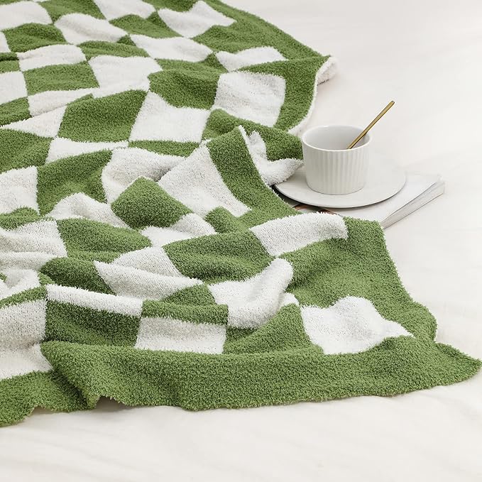 bearberry Fuzzy Checkerboard Grid Throw Blanket Knitted Soft Cozy Warm Microfiber Bed Blanket Decor for Couch Sofa Bed Travel Home (Avocado Green, 60''x80'')
