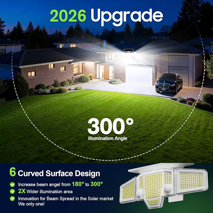 2026 Solar Flood Lights 4000LM, Dual Motion Sensor Solar Lights Outdoor Waterproof, Curved 300° Wide Beam & Large 3500mAh Adjustable Solar Security Lights for Yard-1Pack White