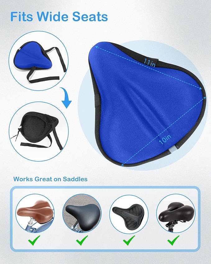 Bike Seat Cushion, Gel Bike Seat Cover, Bicycle Seat Cushion Covers for Women Men Comfort Compatible, Suitable for Outdoor and Indoor (11x10 inch)-Blue