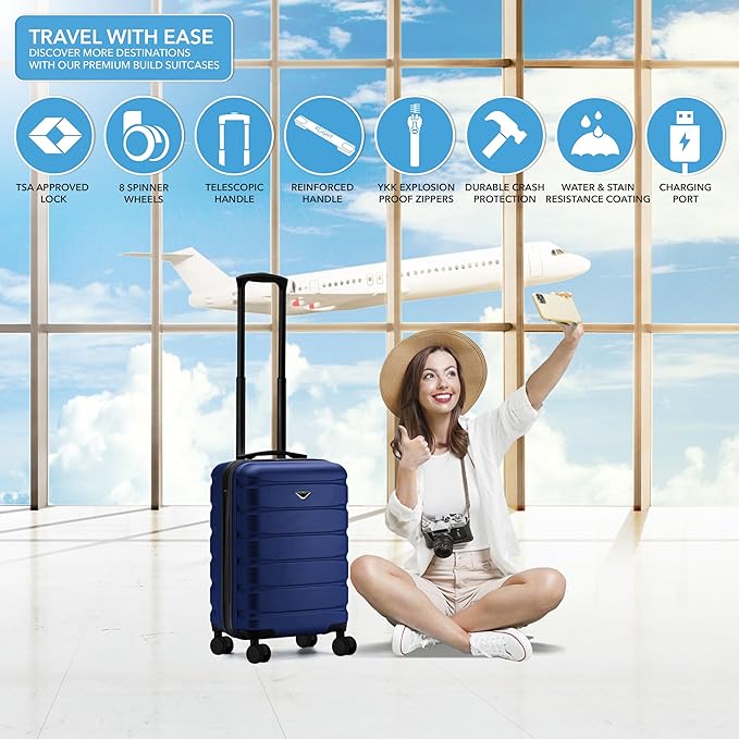 Flight Knight 22x14x9" Expandable Carry On Suitcase Hardside TSA Lock USB C Port Lightweight Luggage Silent Double Spinner Wheels Maximum Overhead Carry-On Bag For American & United Approved Airlines