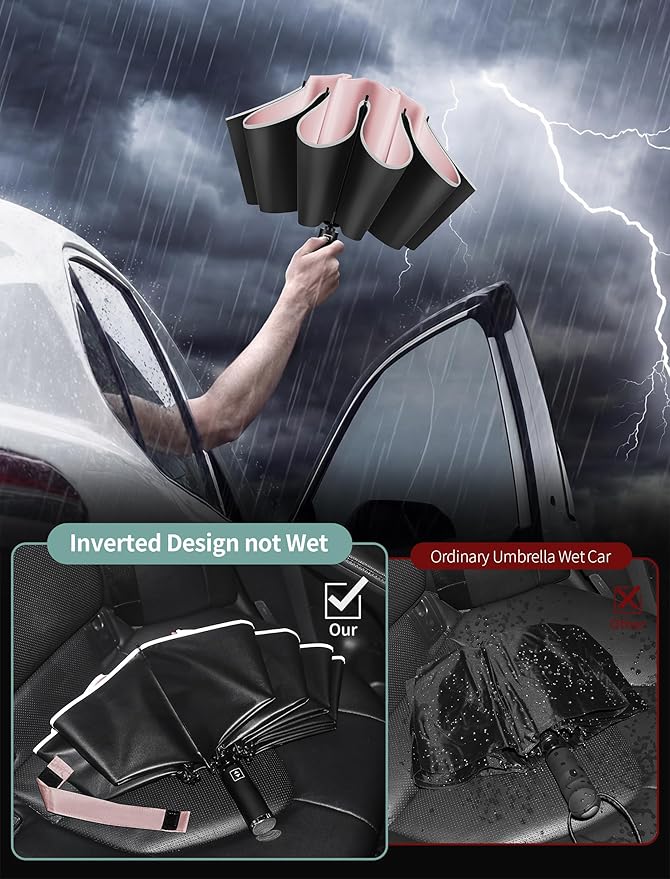 Seniny Inverted Travel Umbrella Compact - Windproof Umbrellas for Rain with Reflective Strip, Large UV Umbrella for Sun Protection, Automatic Portable Umbrellas Fold in Reverse for Car, Backpack