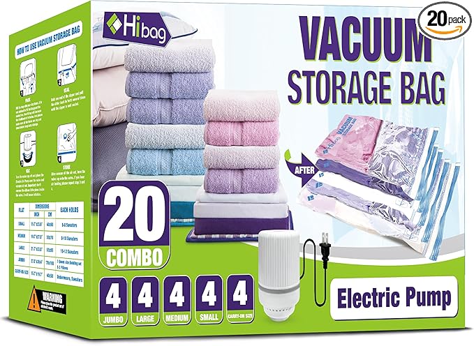 HIBAG Vacuum Storage Bags with Electric Pump, Vacuum Seal Bags for Clothing, Pillows, Blanket Bedding Comforters, 20 pack