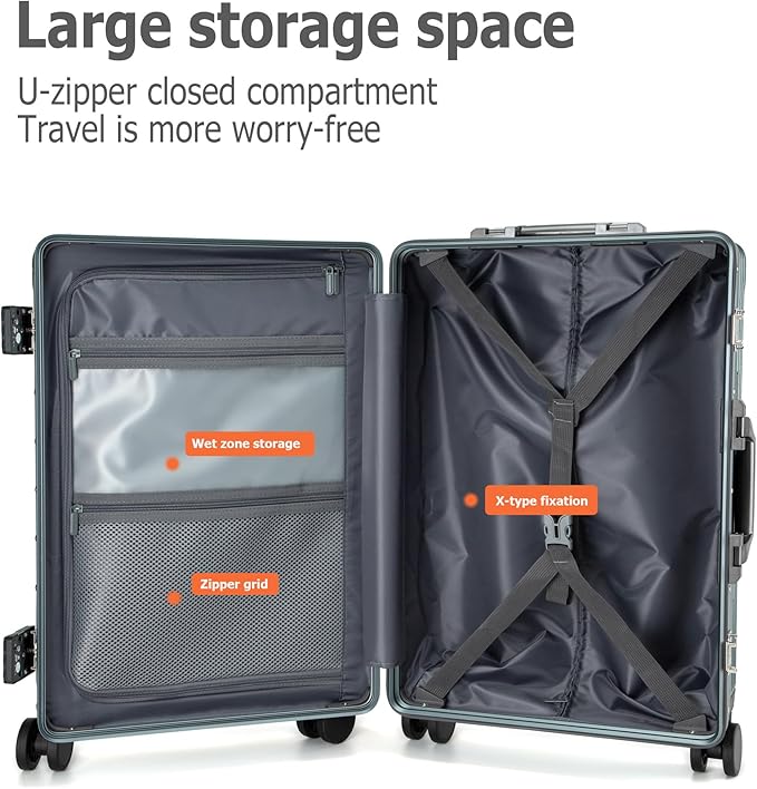 feilario Aluminium Frame PC Hard Shell Spinner Wheels Luggage,22.5"X15"X9.5" Airline Approved Built-In TSA lock Carry on Suitcase, with Cup Holder, USB Port, Phone Holder
