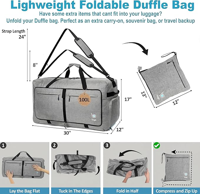 Bago Large Duffle Bag for Travel Women & Men. Durable Lightweight Foldable Travel Duffel Bags For Traveling Women. 100L Duffle Bags for Overnight Bag With Shoe Compartment Collapsible Weekender duffel