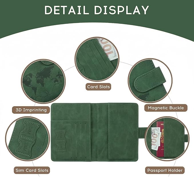ILIYAH-Passport Cover-Passport Holder Travel Wallet-RFID Blocking Passport Case Travel Accessories Card Holder Wallet Unisex Travel Gifts (Green MG)