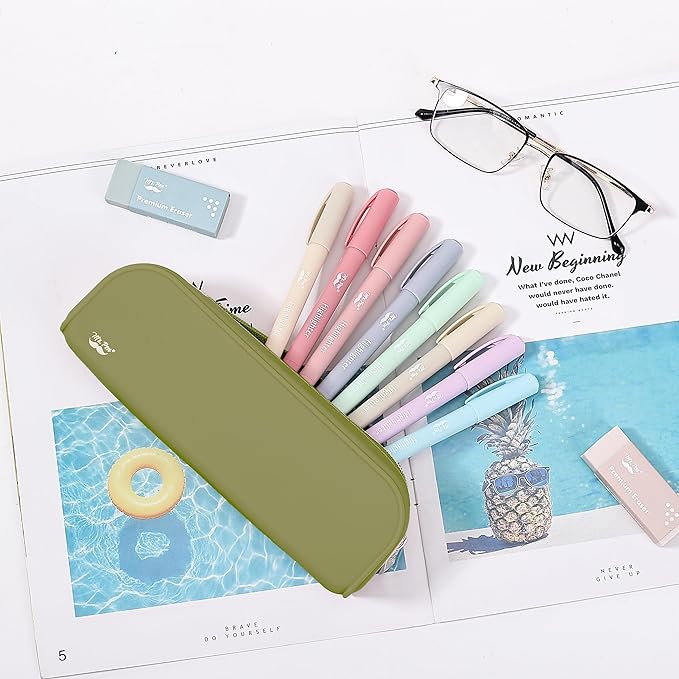 Mr. Pen- Olive Green Silicone Pencil Pouch, Aesthetic Design, Small Size, Multipurpose Makeup Bag