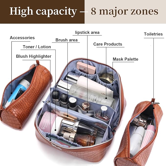 BOYATU Travel Makeup Bag Cosmetic Bags for Women: 3 Pcs Set Large Capacity Make up Bag with Handle - Crocodile Pattern Vegan Leather Toiletry Bags Travel Essentials with Compartments(E-2-Brown)