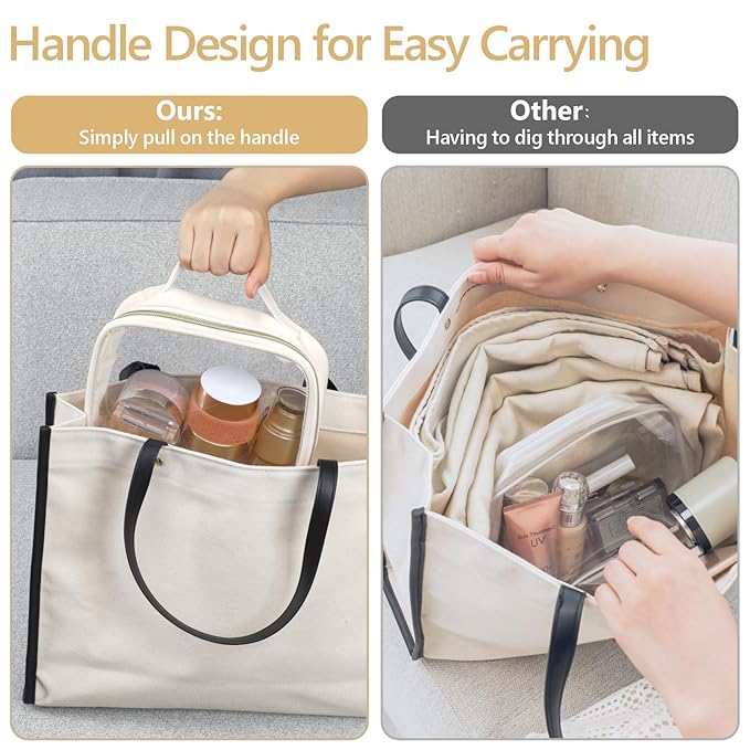 PACKISM Clear Makeup Bag Combo Pack, 1 TSA Approved Medium & Large for Checked Luggage, Clear Toiletry Bag with Handle, Water-resistant Travel Essentials Organizer, Creamy Off-White