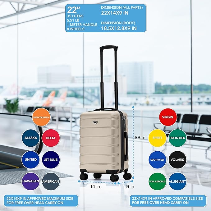 Flight Knight 22x14x9 Expandable Carry On Suitcase Hardside TSA Lock USB C Port Lightweight Luggage Silent Double Spinner Wheels Maximum Overhead Carry-On Bag American United Approved Champagne