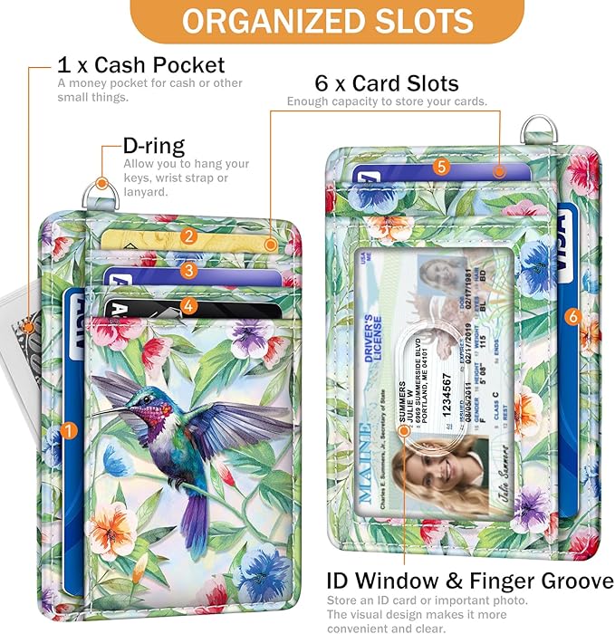 Yonlevres Hummingbird RFID Wristlet Wallet for Women Slim, Small Credit Card Holder Front Pocket Keychain Lanyard, Travel Cute Thin ID Window PU Leather Mini Organizer Case Purse Woman Gifts Ladies