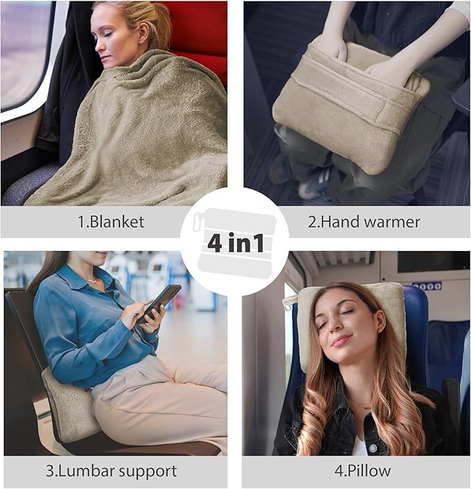 DEZ FURNISHINGS 4-in-1 Travel Compact Blanket Pillow Super Soft Velvet with Luggage Sleeve and Backpack Clip, Tan, 60" x 45"
