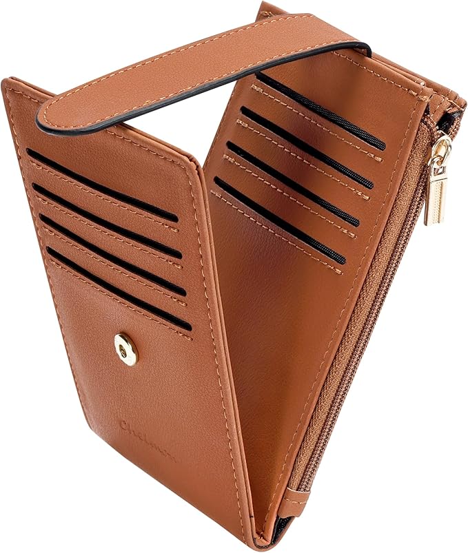 Chelmon Womens Wallet Slim RFID Blocking Bifold Multi Card Case Wallet with Zipper Pocket (Tan)