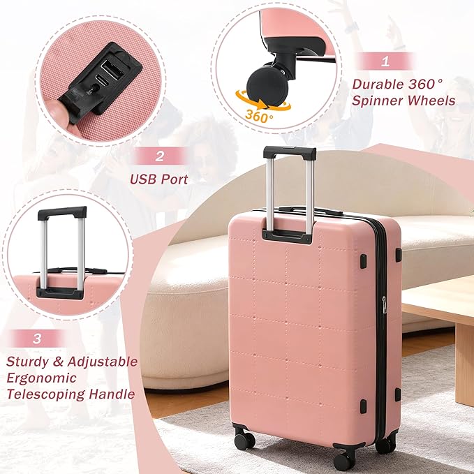 Merax Luggage Sets,5 Piece Front Half-open Hardshell Expandable Suitcase Set with Spinner Wheels and Duffel Bags,Lightweight Carry on Luggage with USB Port,20/24/28IN,Light Pink-1