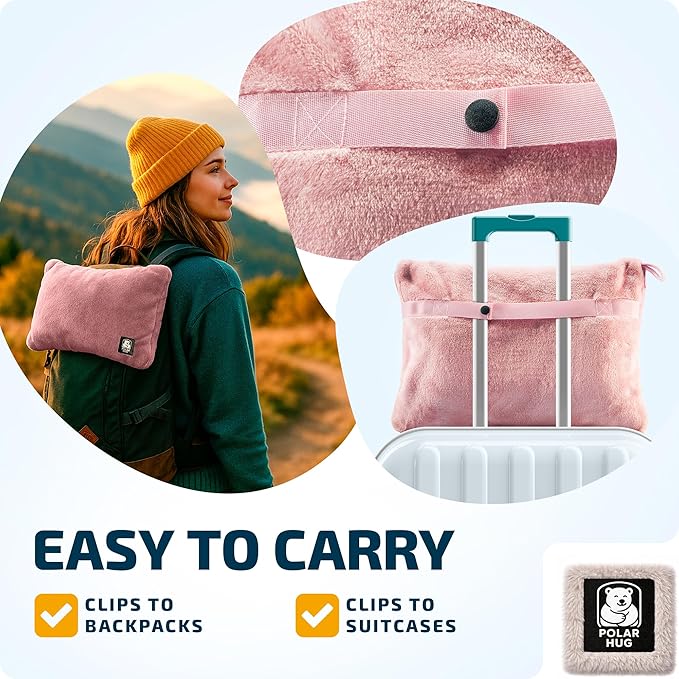 Travel Blanket and Pillow Set — Airplane Blanket with Inflatable Pillow and Cotton Case, Compact Travel Blanket with Back-Neck Snaps for Long Flights