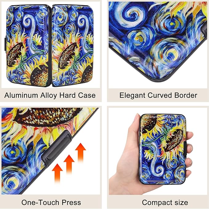ELFISH Mini RFID Aluminum Wallet Credit Cards Holder Business Card Case Metal ID Case for Men Women (Sun flower)