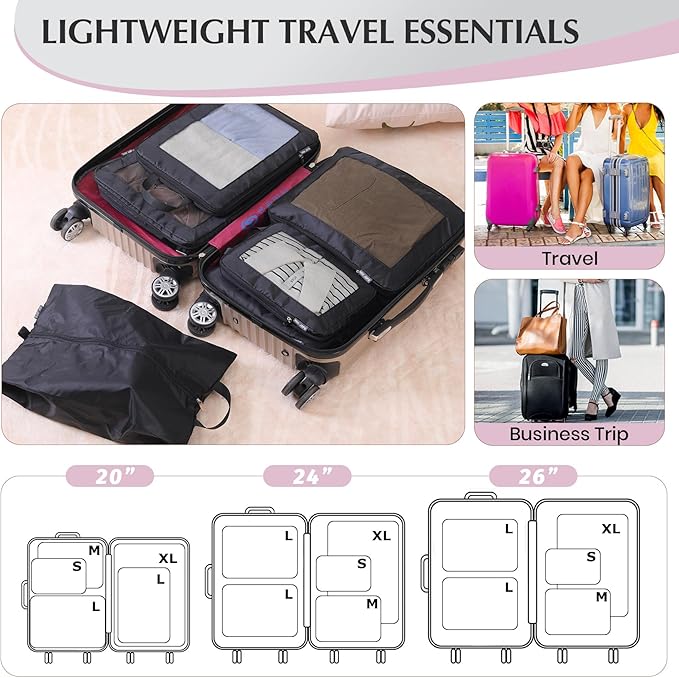 Ultralight Compression Packing Cubes for Suitcases Carry on，Compressible Mesh Packing Cubes for Travel Women Travel Essentials with Shoe Bag 6 Set (Black)