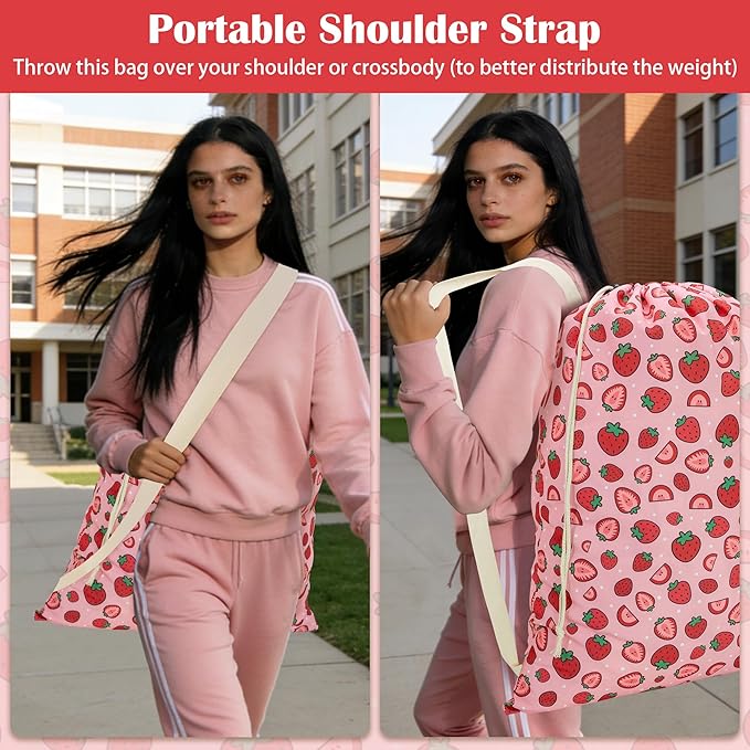 Canvas Laundry Bag with shoulder Strap 24"W x 29"H, Large Drawstring Dirty Clothes Bag Washable Laundry Sack for College Dorm, Travel, Home, Camp (Strawberry)