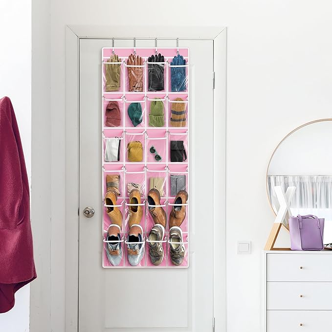 Simple Houseware 24 Pockets Large Clear Pockets Over The Door Hanging Shoe Organizer, Pink (56" x 22.5")