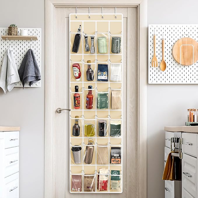 Simple Houseware 24 Pockets - Crystal Clear Over The Door Hanging Shoe Organizer, Beige (64'' x 19'')