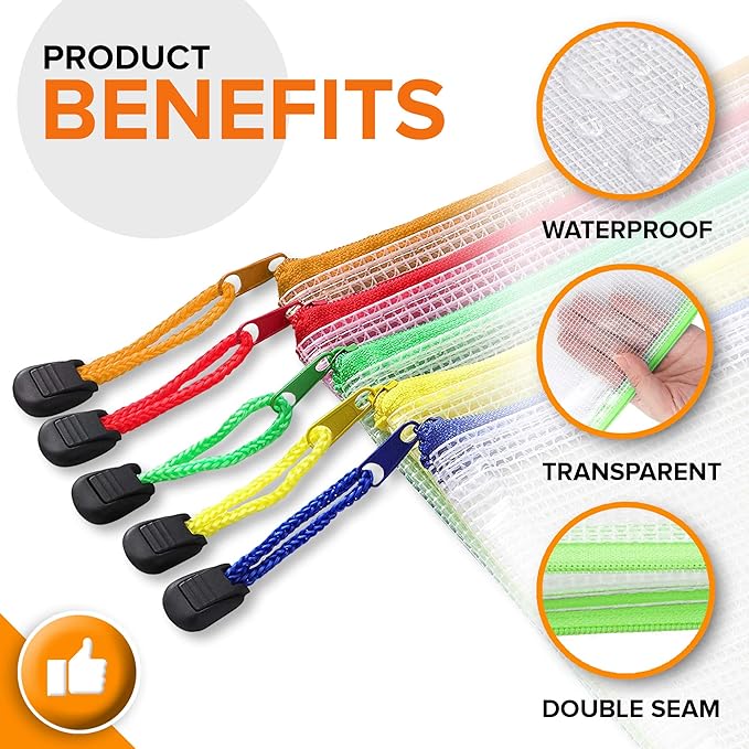 5 Pack Mesh Zipper Pouch Bags 10x14 inch - Plastic Zipper Pouches for Organizing - Document Bags with Zippered - Letter Size Zippered Pouch - Document Pouches Clear Zip Bags - Mesh Storage Bags