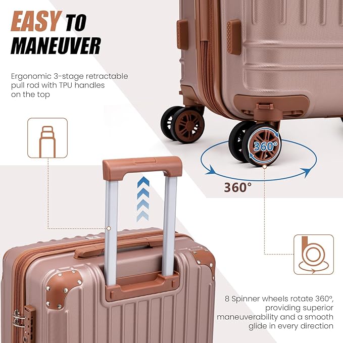 KUNEL Expandable 5 Piece Luggage Sets with Detachable Spinner Wheels and TSA Lock, Unisex Hardside ABS Suitcase Set, Hardshell Lightweight Waterproof Travel Hard Case Suitcases with Wheels, RoseGold