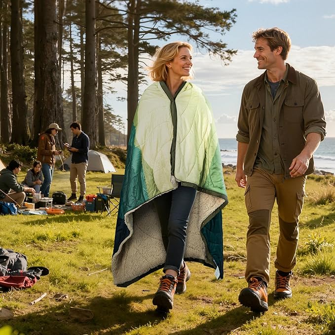 Outdoor Camping Blanket - Puffy Camping Blanket Packable,Sherpa Fleece Warm Blanket for Camping, Outdoors, Travel, Stadium, Festivals, Beach, Hammock 56"x 78" Machine Washable, DWR, Lightweight