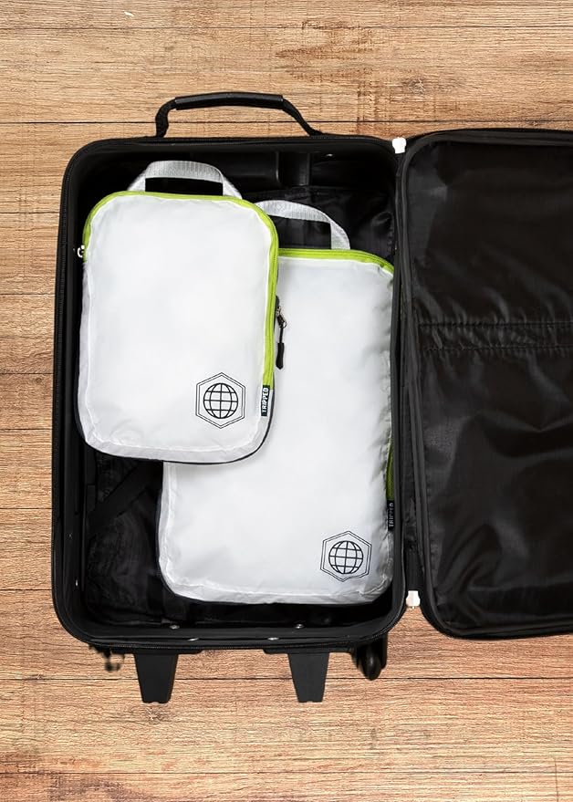 Compression Packing Cubes 2 Piece Set for Carryon Suitcases- Lightweight, Durable Clothes Organizer (White and Green)
