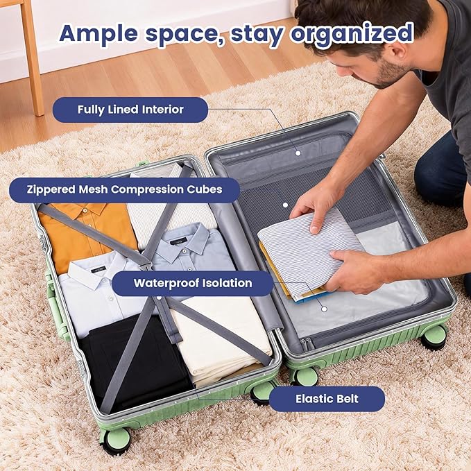 Zipperless Suitcase, 28 Inch Checked Luggage, Hardshell Aluminum Frame Polycarbonate Luggage with Phone Holder, Cup Holder, Charging Port, TSA Lock, Spinner Wheels for Vacations, Fruit Green