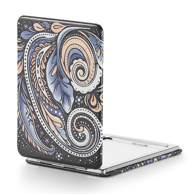 OMIRO Compact Mirror, Unique Painting PU Leather 1X/3X Magnification, Ultra Portable for Purses, 2.4" W x 3.4" L (Paisley)
