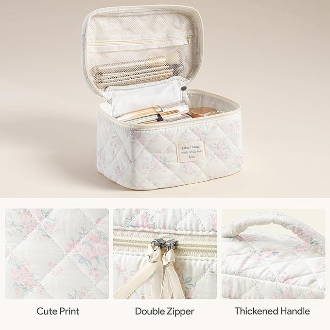 HBselect Quilted Makeup Bag, 3PCS Cotton Large Travel Makeup Bag, Cute Floral Coquette Make up Bag Cosmetic Bag Toiletry Bag for Women Girls
