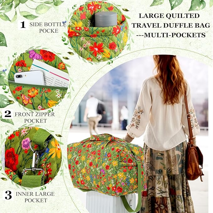 Large Quilted Travel Duffle Bag for Women Floral Portable Gym Weekender Bag with Zipper Pockets Workout Grocery Pouch Duffle Gift Pouch for Work(Yellow Green Grassland)