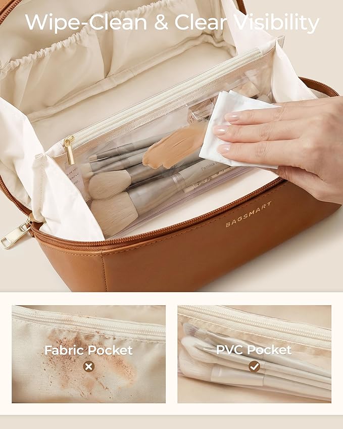 BAGSMART Makeup Bag Travel Cosmetic Bag, Large Make Up Bag Flat Open Toiletry Bag for Women, Waterproof PU Leather Travel Essentials Organizer Case, Wide-open Pouch Purse for Skincare, Brushes, Pink