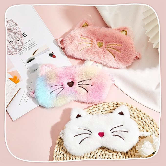Geyoga Sleep Mask for Kids, Girls Plush Sleeping Eye Cover Soft Eye Blindfold Cover Animal Shade for Kids(White, Pink and Rainbow Color,Cat Style)