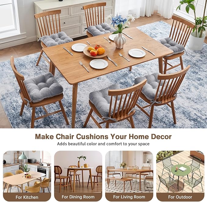 BETU Chair Cushions for Dining Chairs Set of 6,3.5" Thick Kitchen Table Chair Pads with Ties,Non Slip Backing and Covers, Seat Cushion for Dining Room,Bar,Patio Chairs,16"X16"X3.5",Light Grey