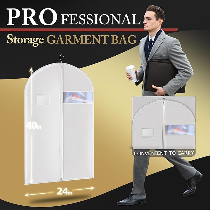 Hleelomi 5 Pack 40-inch Suit Bag Garment Bag for Travel and Storage, Garment Bags for Hanging Clothes with Zipper and Visible Transparent Window, White