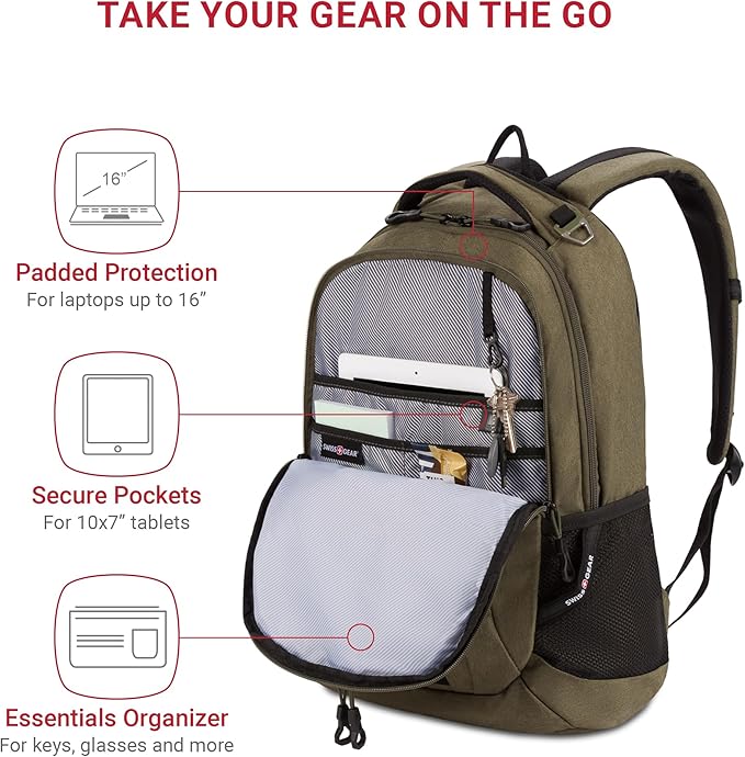 SwissGear 5505 Cecil 16” Laptop Backpack Olive – Daily Laptop Bag with Gear Attachment Options – Multiple Organizer Pockets & Padded Shoulder Straps