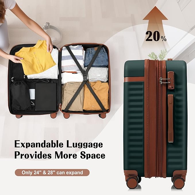 Hardshell Luggage, Lightweight Suitcase with Spinner Wheels, DARK GREEN+USB