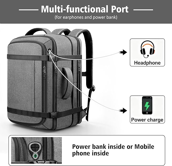 Spacious Carry On Backpack,Expandable Large 1-7DAYS Capacity Travel Backpack with USB Cable Port,Fits 18.4" Laptop,Anti Theft Water Resistant Work Backpack for Men Women,Extended Travel Work,Grey