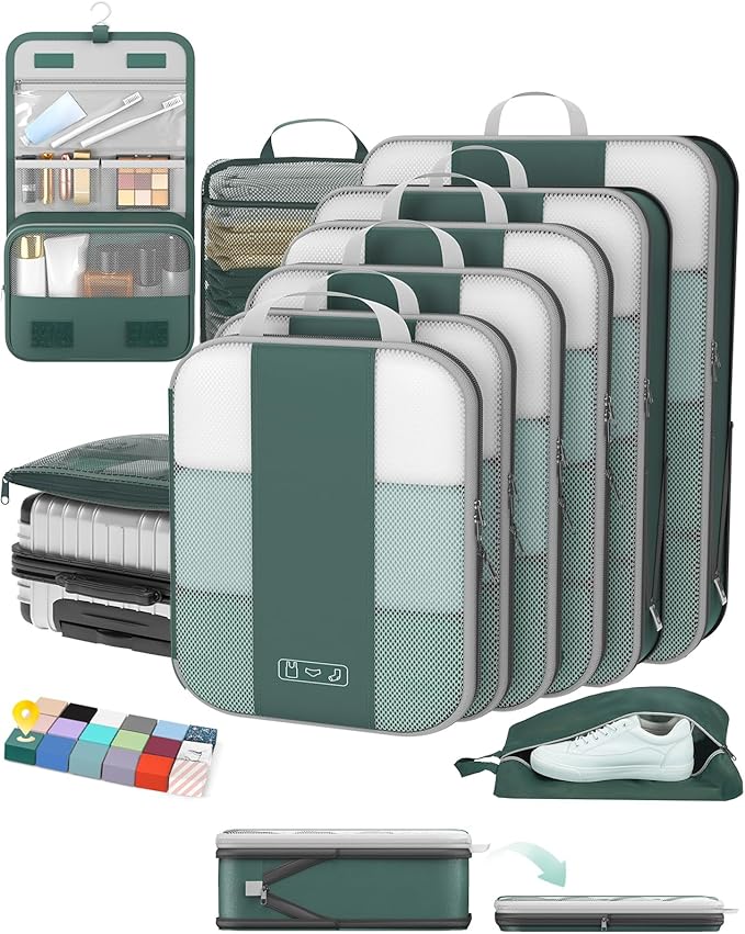 10 Set Compression Packing Cubes for Travel Essentials,Compressible Expandable Packing Cubes for Suitcase,OlarHike Luggage Organizer Bags for Travel,Handy Helper for Organizing Clothes(Dark Green)