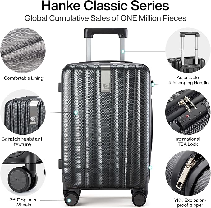 Hanke Luggage Sets 2 piece Carry On Luggage with Wheels PC Hard Shell Suitcases Lightweight Checked Travel Luggage Large Travel Suitcase Woman Men 20/24 Inch(Jet Black)
