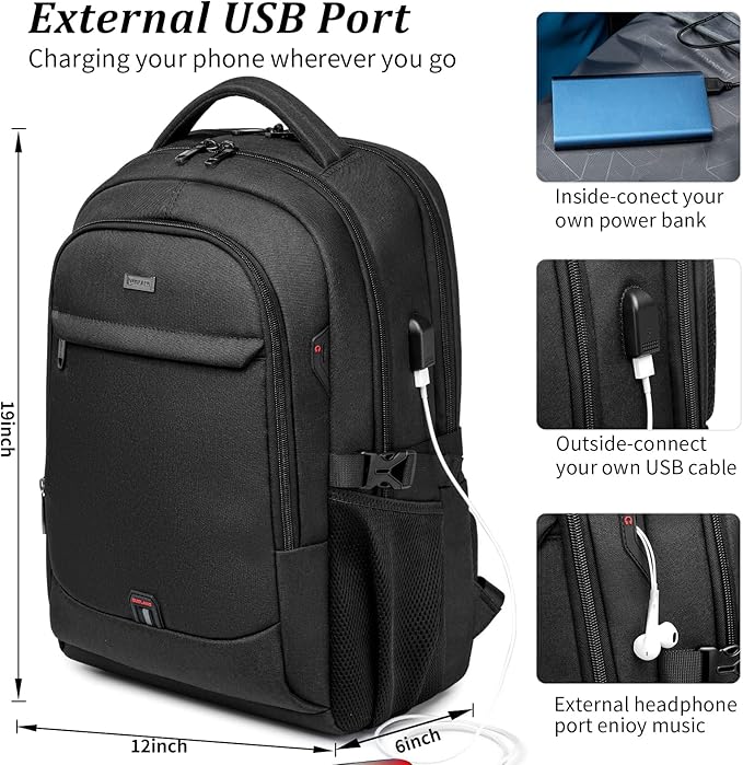 DUSLANG 17 Inch Laptop Backpack for Travel with Backpack Rain Cover College Backpack for Men Laptop Bag with USB Charging Port,Black