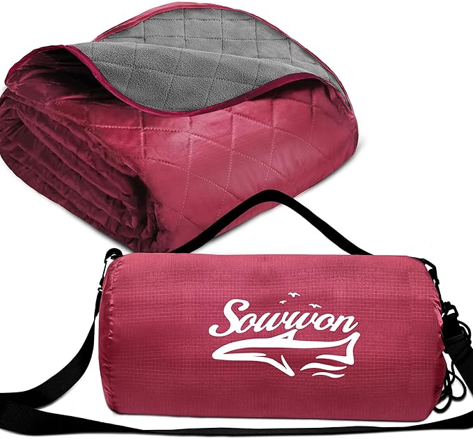 Waterproof Outdoor Blanket 82”X 55” Packable, Stadium Blankets for Camping with Quilted Fleece Lining, Large Windproof Emergency Throw Mat for Garss Picnic Hiking Road Trip, Machine Washable, Wine