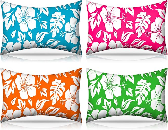 4 Pack Inflatable Beach Pillows with Removable Washable Covers Hawaii Tropical Style Portable Air Pillows for Vacation Sand Tanning Pool and Travel(Palm Leaf Hibiscus Flower)