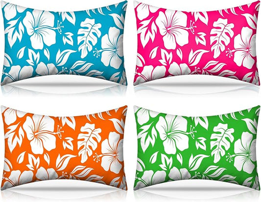 4 Pack Inflatable Beach Pillows with Removable Washable Covers Hawaii Tropical Style Portable Air Pillows for Vacation Sand Tanning Pool and Travel(Palm Leaf Hibiscus Flower)