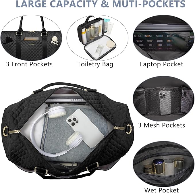 Women Weekender Travel Duffle Bag: Travel Duffel Overnight Bags with Shoe Compartment Large Carry on Tote with Toiletry Bag Weekend Traveling Yoga Gym Hospital Bag for Women with Wet Pocket Black